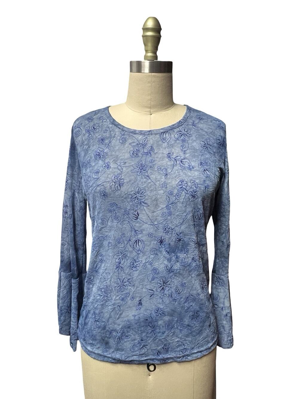 Vtg Y2k Zoey Beth Boho Blue Mesh Floral Flare Sleeve Whimsigoth Sheer Blouse
